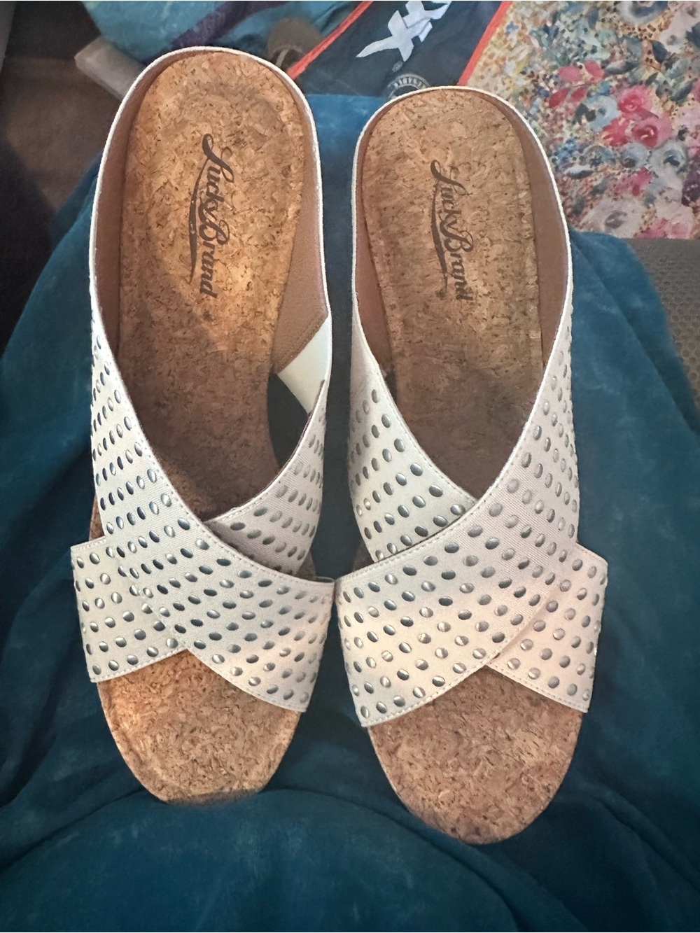 Lucky Brand Studded White Cork Wedge Slide Sandals - Women - Picture 12 of 12